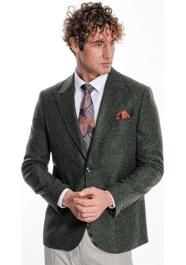 Kazayağı Desenli Yün Yeşil Erkek Ceket Taba