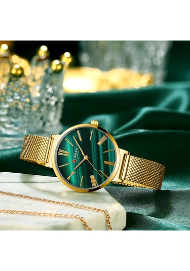 Padalink Curren Kadın Kuvars Saat, 3atm Su Geçirmez, Zümrüt Rengi Ağı Tel Bantlı, Altın Kasa, Klasik Tasarım, Kol Saati Gold