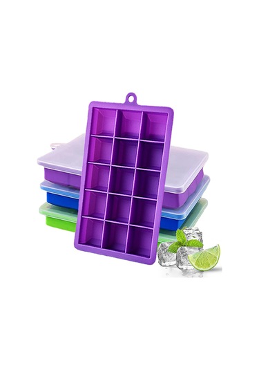 Hangfox Silikon Buz Küp Kalıbı 15 Deliği, Isı Soğuk Dayanıklı, Çekebilir Kapaklı, Kolay Çıkartma, Fırınlık, Bebek Maması, Dishwasher Güvenli - Mor/mavi/yeşil Çok Renkli