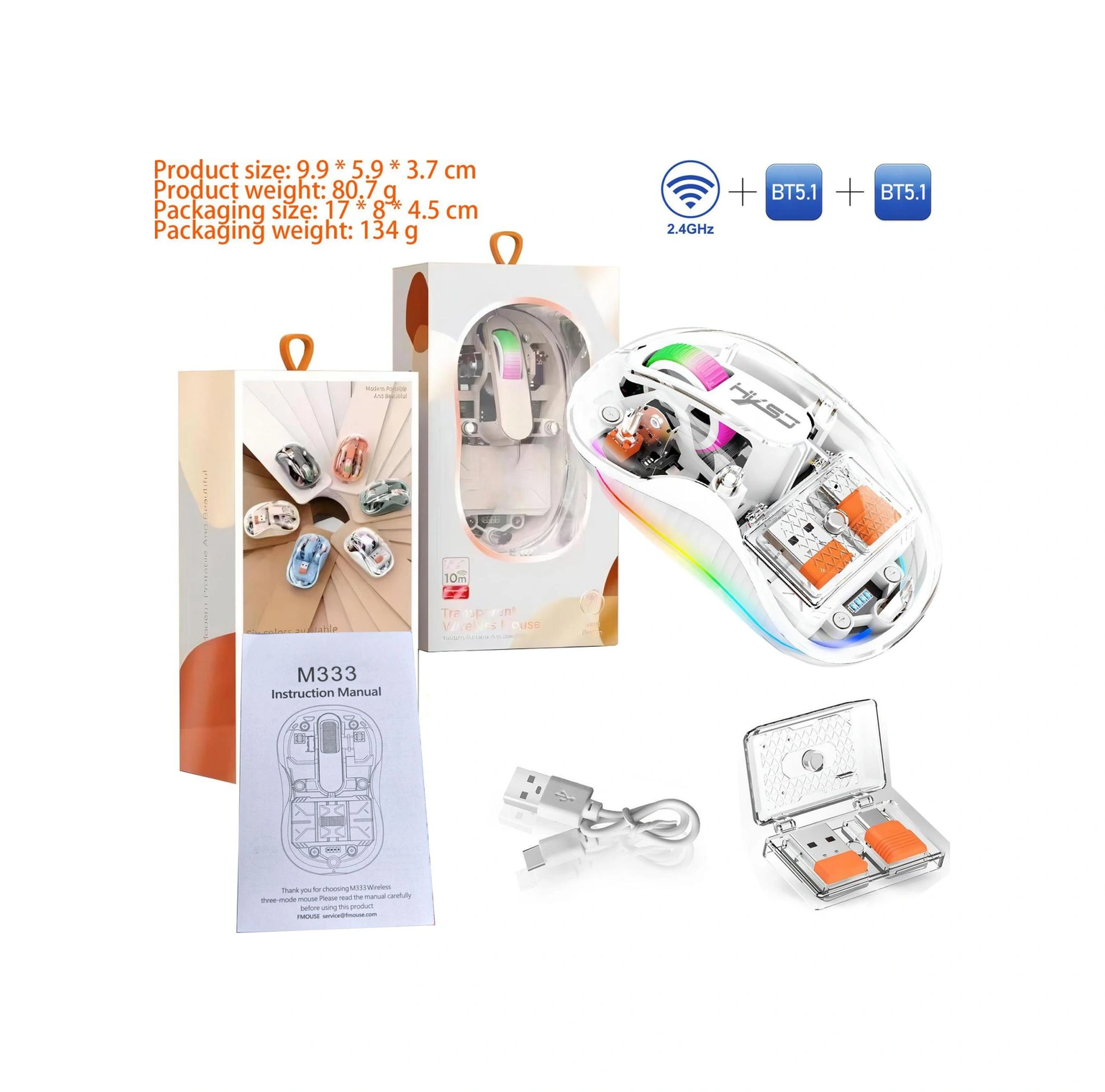 Sones Hxsj M333 Üç Modlu Şeffaf Kablosuz Fare Diğer