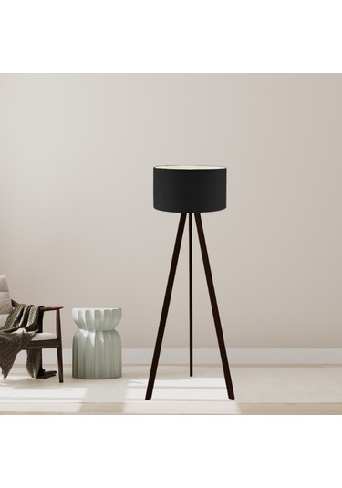 Pratik Tripod Ahşap Ayaklı Lambader Köşe Lambası Siyah Kumaş Dark Siyah