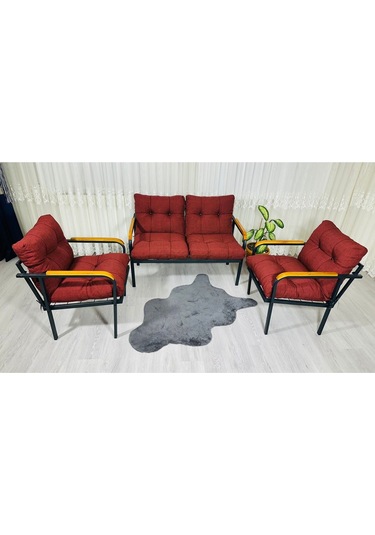 Madame Home Kalanşo Balkon, Bahçe,teras,cafe - Salon - Metal Kanepe Koltuk Takımı Çay Seti 2+1+1 Bordo
