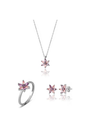 Zanaatsilver 925 Ayar Gümüş Ametist-pembe Taşlı Rodyumlu Nilüfer Çiçeği Takım