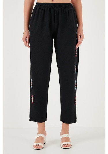 Lela Bohem Işlemeli Keten Ve Pamuk Karışımlı Şalvar Bayan Pantolon 5865050 Siyah