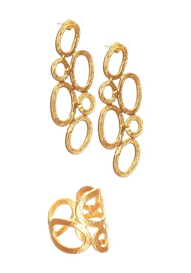 Kadın Mat Altın Kaplama Oval Formlu Tasarım Küpe & Yüzük Seti Altın