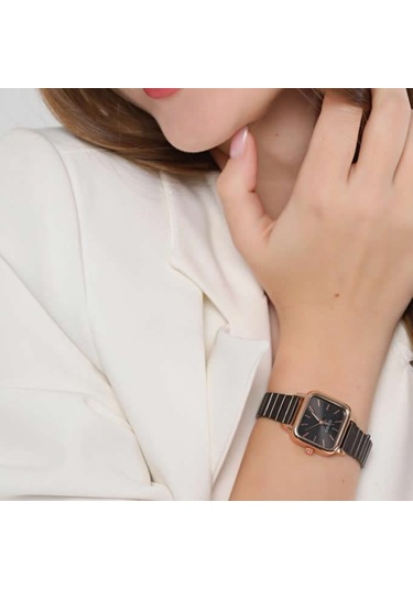 Minimal Kare Siyah Kadran Rose Gold Kasa Kadın Kol Saati Rose Gold