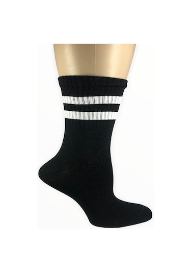 Design Socks KADIN PAMUKLU ÇİZGİ DESENLİ SOKET ÇORAP-Siyah