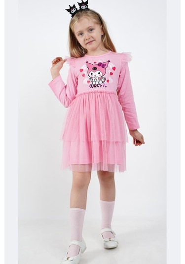 Kız Çocuk Kuromi Tül Detaylı Elbise Pembe