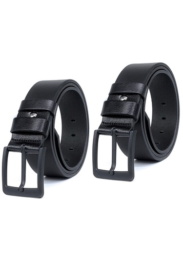 2'li Siyah - Siyah Manda Derisi Erkek Kot Kemeri 4,5 Cm Siyah Siyah