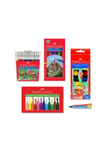 Faber Castell 4 Lü Boyama Seti 12 Li Kuru + Keçeli + Pastel + Sulu Boya + Sıvı Yapıştırıcı