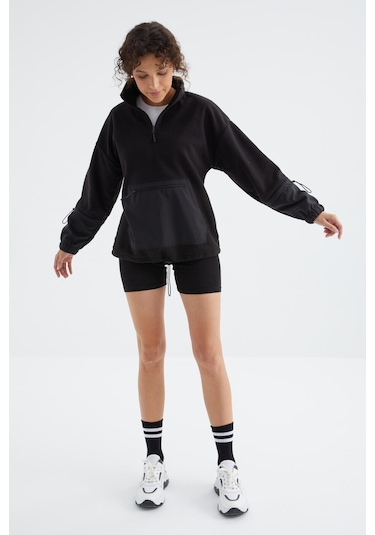 Tommy Life Siyah Etek Ucu Büzgülü Yarım Fermuarlı Oversize Kadın Polar Sweatshirt - 97238 Siyah