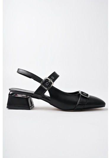 Muggo Yuqi Arkası Açık Küt Burun Çift Kemerli Kadın Günlük Klasik Kısa Topuklu Ayakkabı siyah