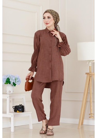 Önü Taşlı Kolu Lastikli İkili Takım-kahverengi-5097 Kahverengi