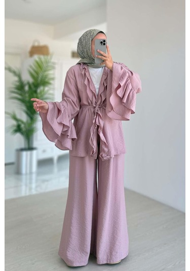 Fırfır Detaylı Volan Kollu Takım - Pembe Pembe