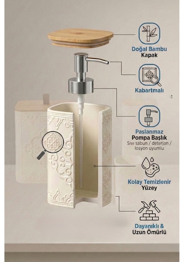 Makri Home Desenli 7 Parça Bambu Kapaklı Ve Aksesuarlı Banyo Seti Gri