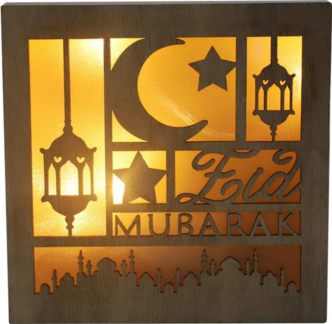 Fosenze Muslim Ayın Üzerinde Yıldız Ve Mimarisi İle "eid Mubarak" Yazılı Ahşap Ev Dekorasyonu Led Işıklı - Jm01935 Siyah