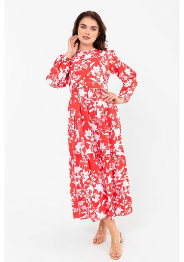 Yaprak Desenli Renkli Pamuklu Yazlık Baharlık Kuşaklı Elbise 2101 Kırmızı