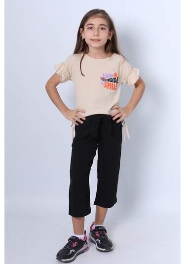 Kız Çocuk İkili Takım Sırt Baskılı Püsküllü Kolları Fıfırlı F20 Bej