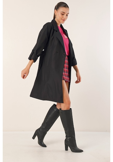 Bigdart 9104 Kruvaze Yaka Astarlı Trençkot - Siyah 001