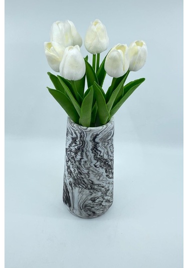 20 Cm Mermer Desenli Beton Vazoda Yapay Islak Lale 7 Dal Beyaz Siyahımsı