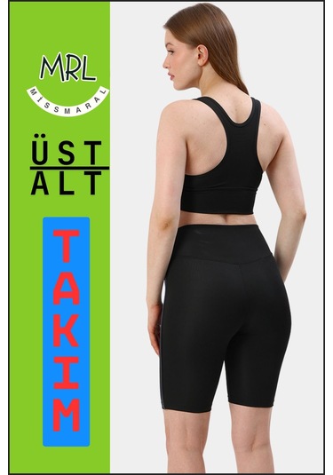 Kadın Siyah Takım Alt-üst Kısa Şort-tayt Ve Pedli Sporcu Büstiyer 2li Set Antrasit Biyeli Elt3043 Siyah Antrasit