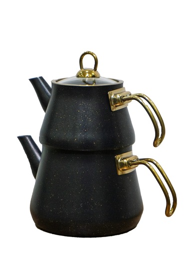 Yunusoğlu Home Siyah Granit Kaplama Cam Kapaklı Gold Kulplu Çayda Çelik