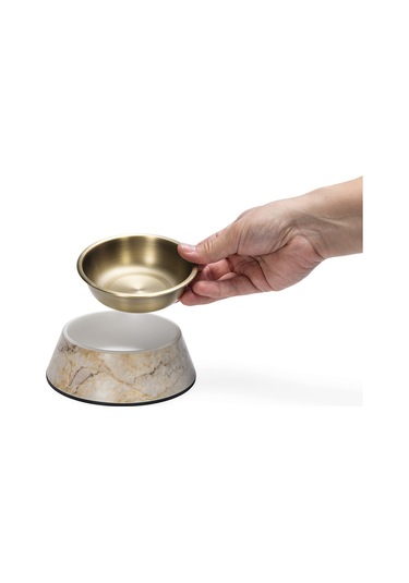 Beeztees Dbl Köpek Mama Su Kabı, Mat Altın Rengi Paslanmaz Çelik, Bej Mermer Görünümlü, 14cm, 160ml