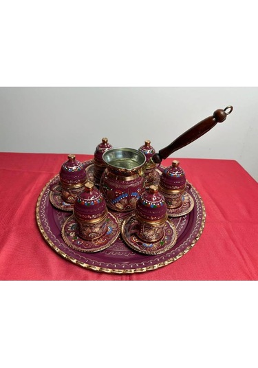 6lı Bakır Fincan Takımı Seti Yuvarlak Tepsi