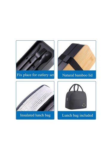 Dofolink Doğal Bambu Kapağı Çift Katlı Bento Kutusu, Mikrodalga Uyumlu, Yemekleri Ayırır, Isı Saklama Çantasıyla, Öğrencilere Ve Çalışanlara Uygun, Sağlıklı Pp Malzeme Siyah