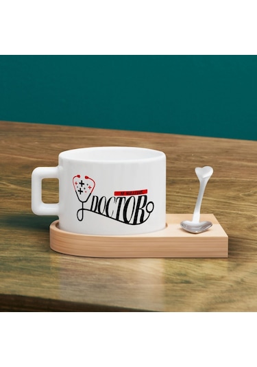 Bk Gift Kişiye Özel İsimli Doktor Tasarımlı-5, Ahşap Altlıklı Seramik Fincan, Meslek Hediyesi, Yeni İş Hediyesi Kobitmeyen137934 Bk Gift