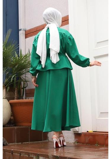 Bronş Detaylı Tesettür Yeşil Takım Yeşil