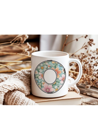 O Harfli Pastel Çiçek Desenli Kahve Kupası - Kişiye Özel Çiçekler Koleksiyonu Bardak - Hediye Beyaz