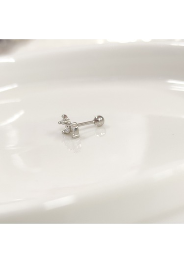 Üç Taş Mekik Gümüş Tragus Pıercıng - Rodyum Beyaz Beyaz