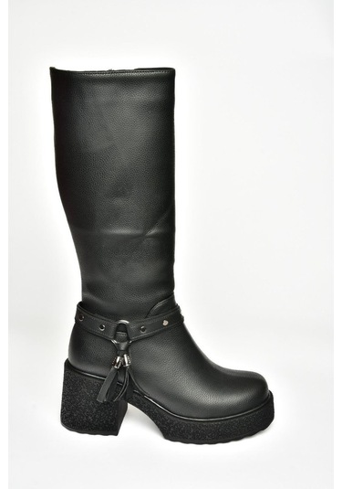Fox Shoes T996224009 Siyah Kalın Topuklu Kadın Çizme Siyah-Suni Deri