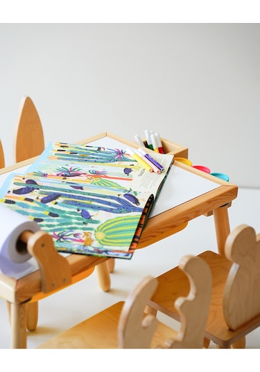 Woodnjoy Wood & Joy Ahşap Duyusal Çocuk Aktivite Masası 2 Sandalye Seti + Rulo Kağıt - Beyaz