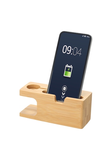 Wezone Bambu Telefon Ve Saat Tutucu, Şarj Ve Tutma Fonksiyonu, Kaymaz Altlı, Ahşap Rengi, 14cm Bambu Telefon Desteği