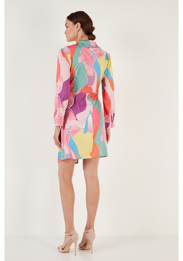 Lela Desenli Kruvaze Yaka Bağlamalı Saten Bayan Elbise 611El295 Fuşya