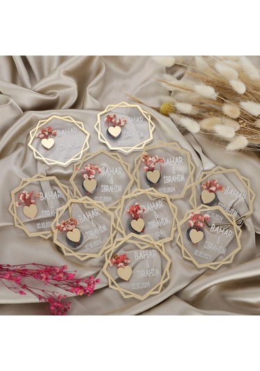 10 Lu Kişiye Özel Akrilik Magnet Nikah Şekeri - Altın Detaylı Çiçekli Tasarım