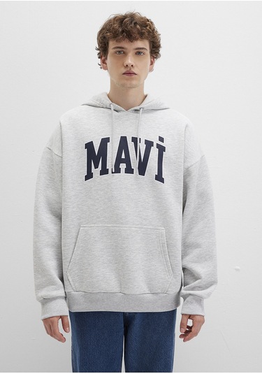 Mavi - Mavi Logo Baskılı Kapüşonlu Gri Sweatshirt 067149-80196 Gri