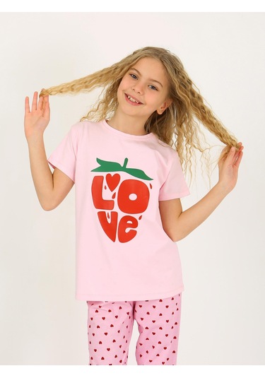 Kız Çocuk Kısa Kollu %100 Pamuklu Pijama Takımı Cute Love Toz Pembe