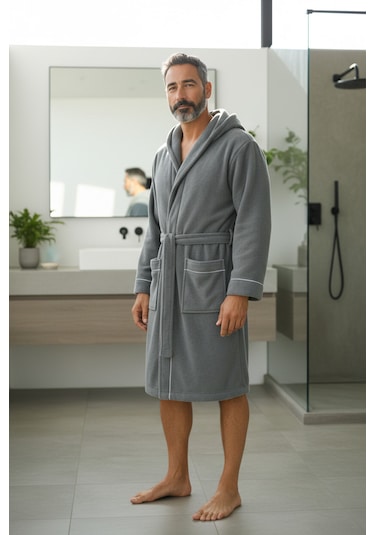 % 100 Pamuklu Laodikeia Kapşonlu Unisex Kadın Erkek Bornoz Gri