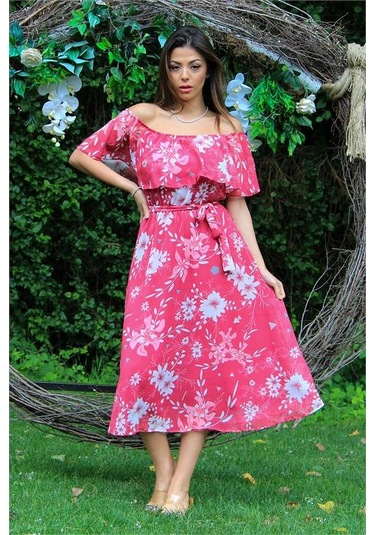 Neşeli Butik Kadın Fuşya Bağlama Detaylı Madonna Yaka Şifon Elbise Nb100371 Fuşya