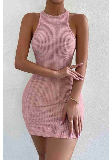 Merry See Vücuda Oturan Diz Üstü Mini Örme Elbise Pembe 001
