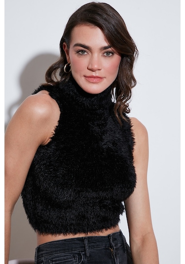 Lela Yumuşak Tüylü Slim Fit Balıkçı Yaka Crop Bayan Süveter 4615566 Siyah