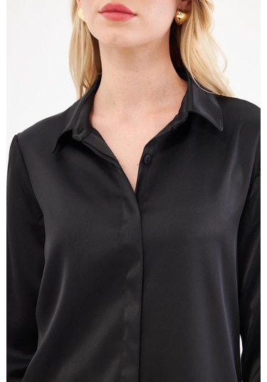 Klasik Saten Gömlek Siyah Siyah