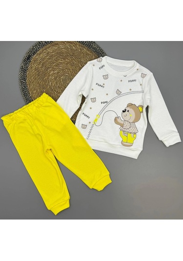 Erkek Bebek Ayıcık Baskılı Alt Üst İkili Gündelik Takım Sari
