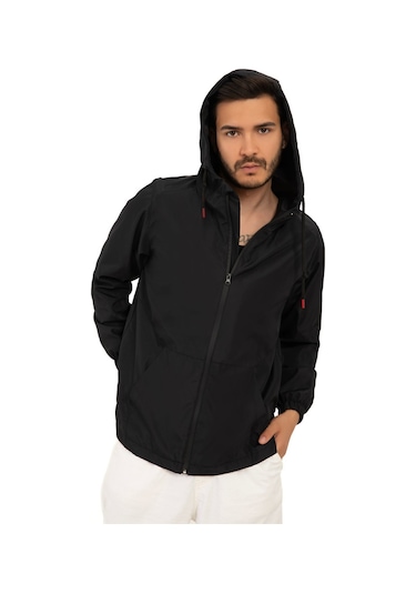 Riverstorm Erkek Siyah İçi Astarlı Kanguru Cepli Su Ve Rüzgar Geçirmez Kapüşonlu Cepli Yağmurluk Siyah