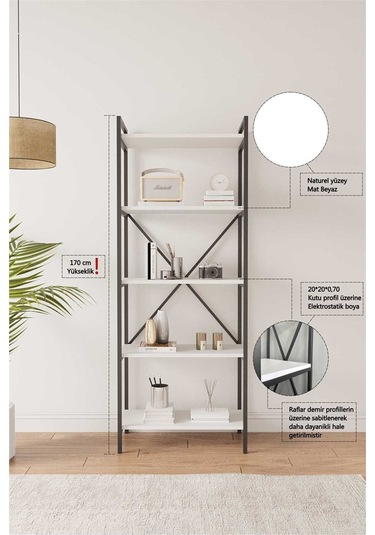 Nilamu Beyaz 65 Cm Kitaplık, Metal Aksamlı, Organizer, Ofis, Ev, 65 170 34 Cm Beyaz
