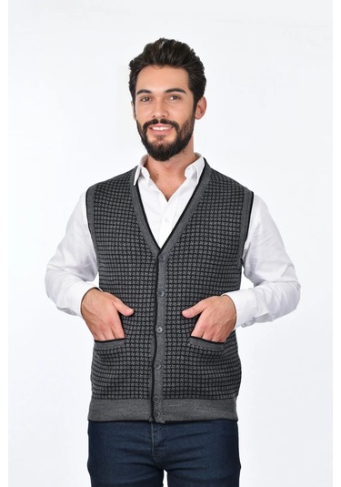 Kamalı Gri Erkek Çelik Örgü Düğmeli Cepli Kazayağı Desen Tüylenmeyen Triko Kışlık Kazak Yelek Gri