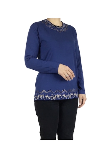 Kadın Yaka Ve Etek Desenli Taşlı Likralı Bluz-arpbattal2 Mavi